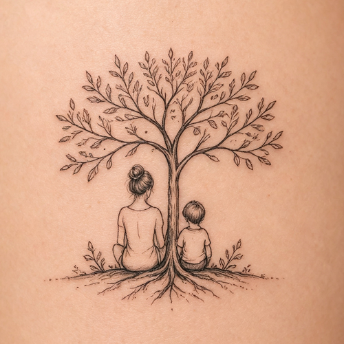 Mother & Son Tree Fine-Line Temporary Tattoo — Minimalist Body Art