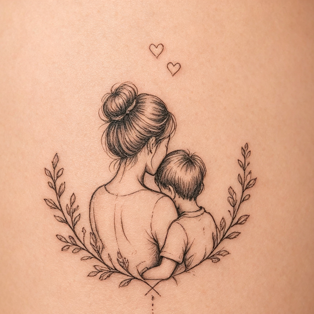 Mother & Son Hug Fine-Line Temporary Tattoo — Minimalist Body Art