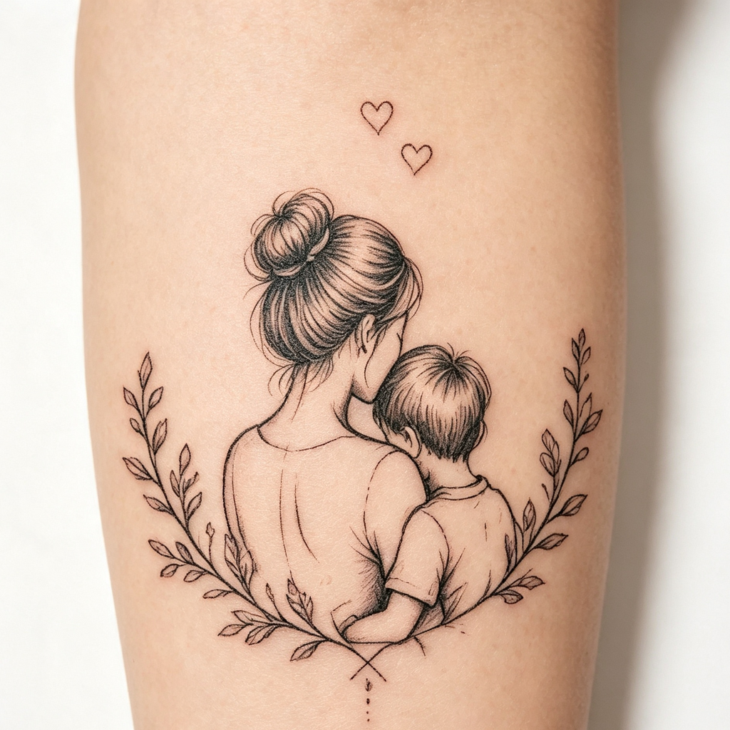 Mother & Son Hug Fine-Line Temporary Tattoo — Minimalist Body Art