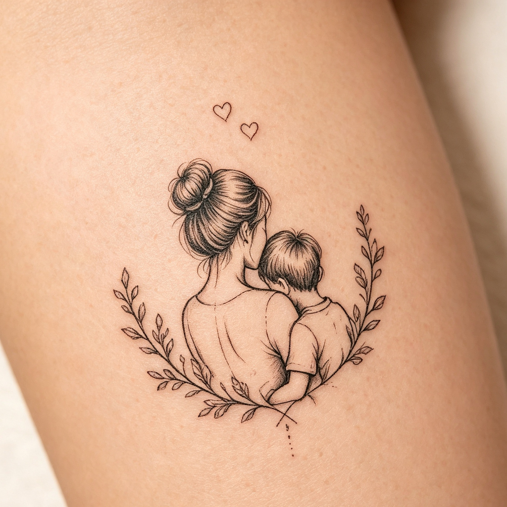 Mother & Son Hug Fine-Line Temporary Tattoo — Minimalist Body Art