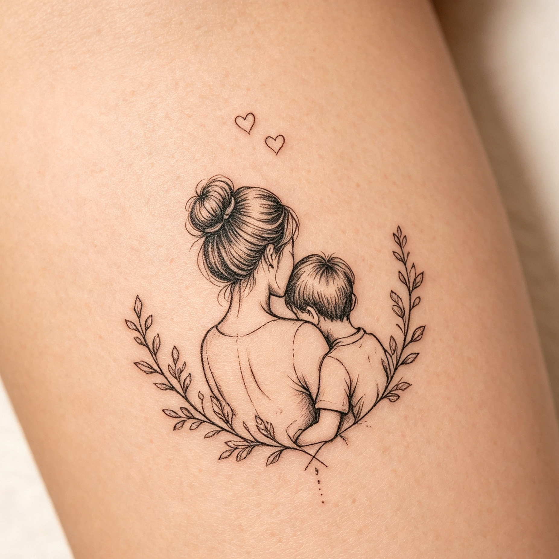 Mother & Son Hug Fine-Line Temporary Tattoo — Minimalist Body Art