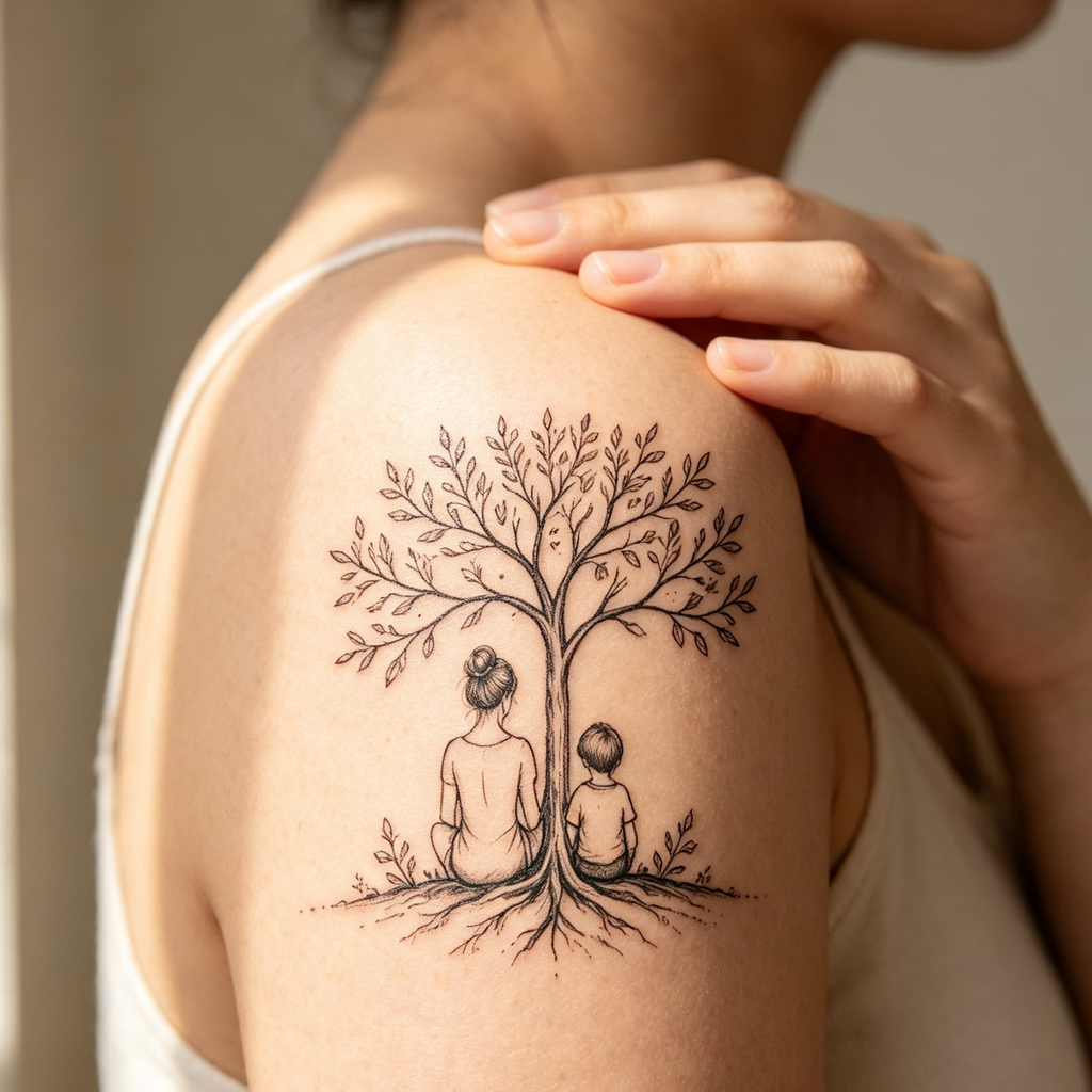Mother & Son Tree Fine-Line Temporary Tattoo — Minimalist Body Art