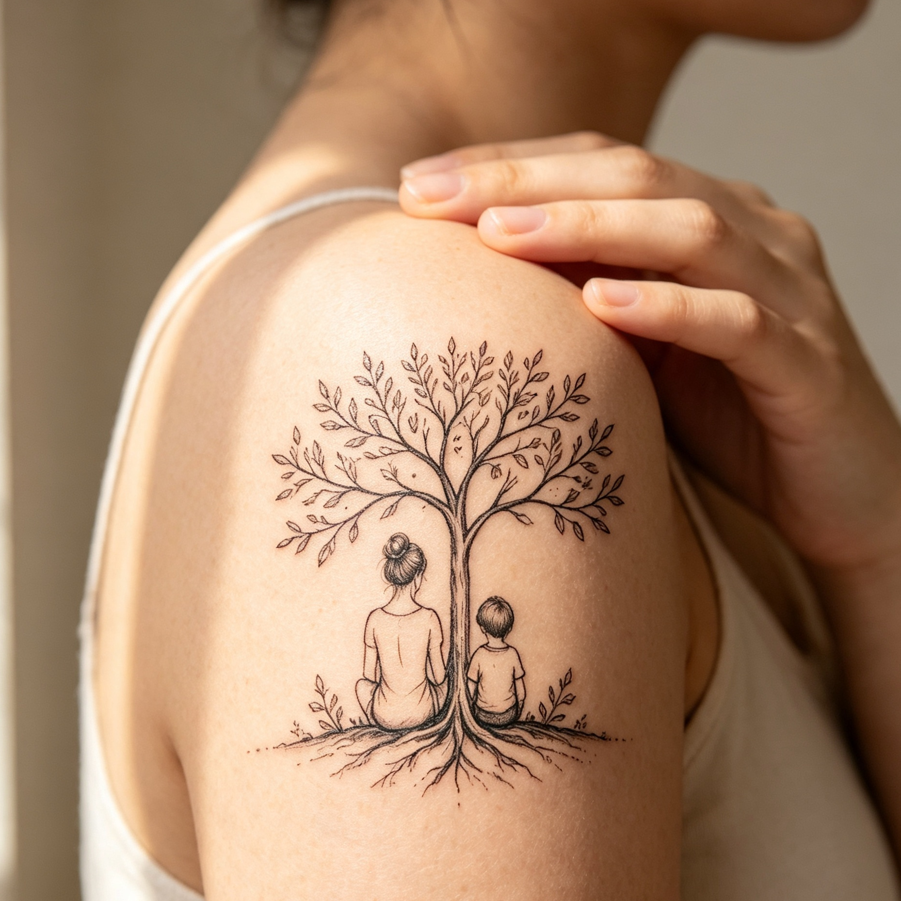 Mother & Son Tree Fine-Line Temporary Tattoo — Minimalist Body Art