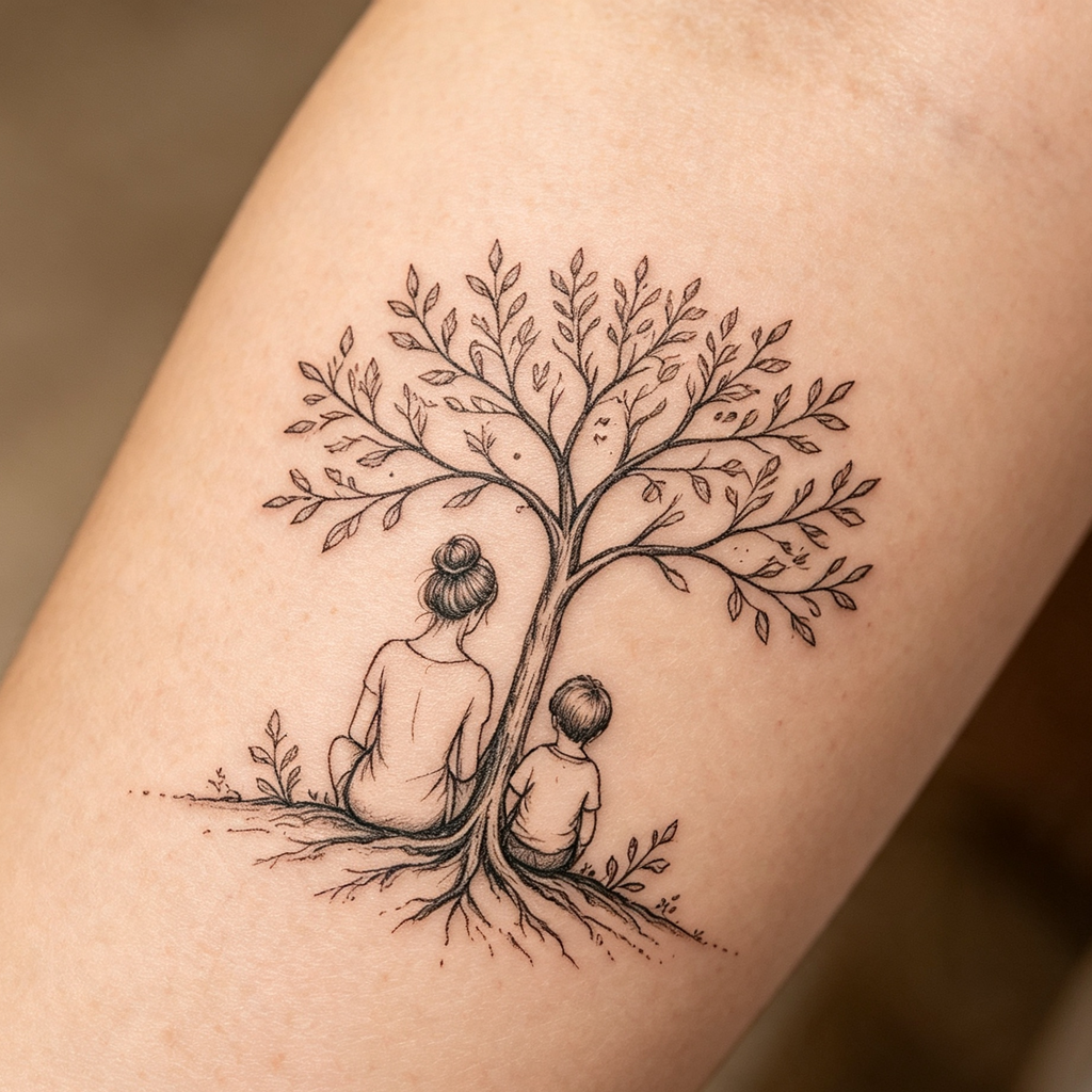 Mother & Son Tree Fine-Line Temporary Tattoo — Minimalist Body Art