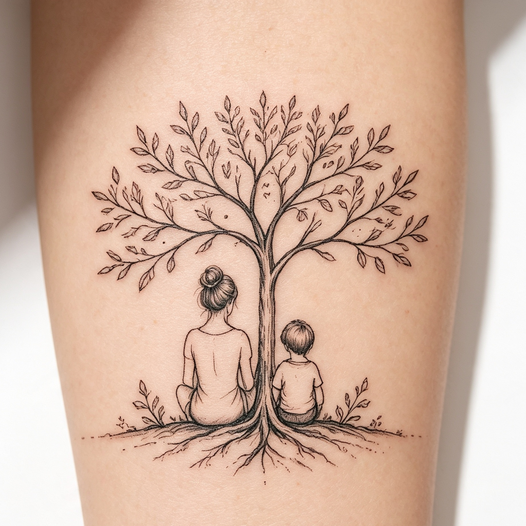 Mother & Son Tree Fine-Line Temporary Tattoo — Minimalist Body Art