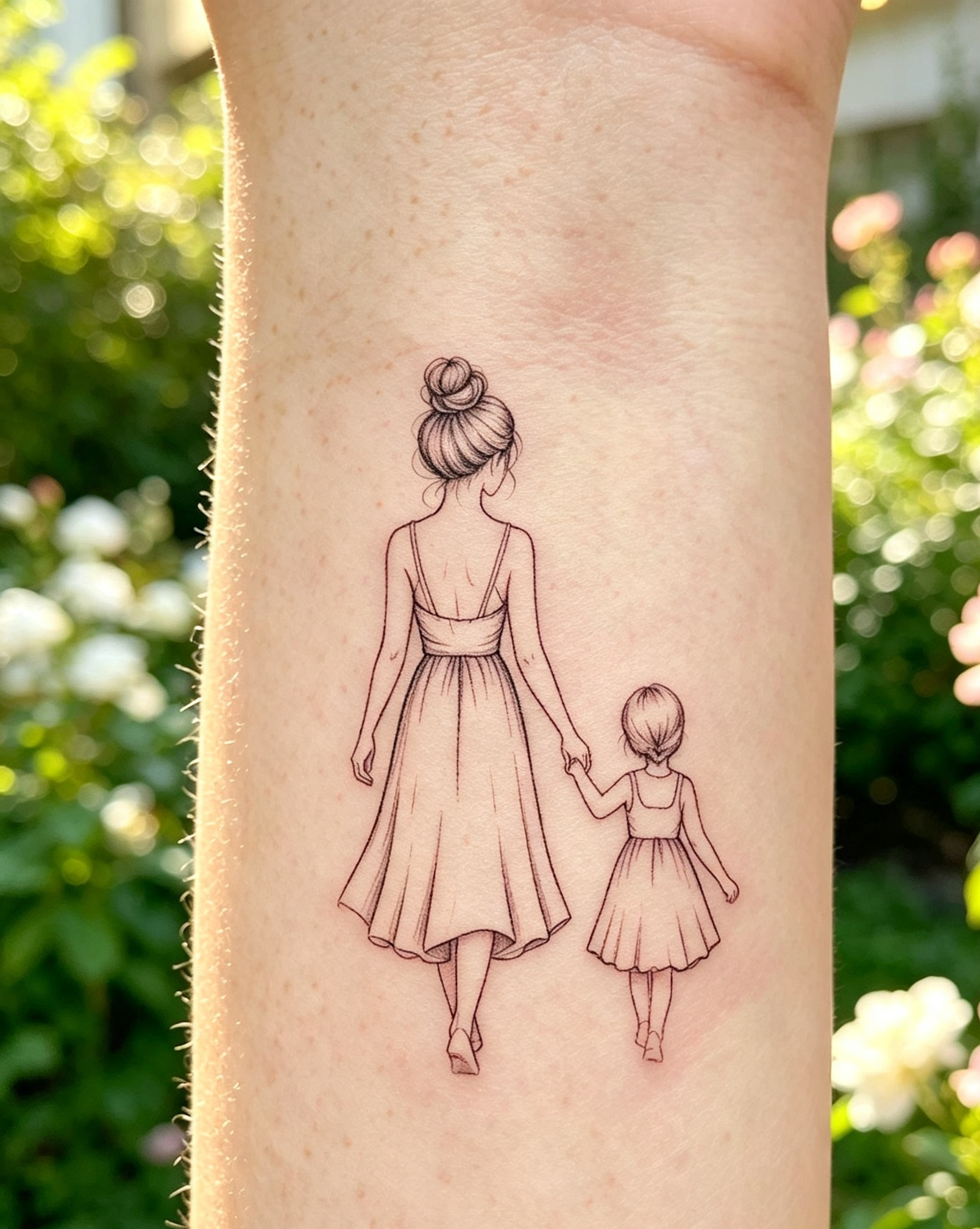 Mother & Daughter Fine-Line Temporary Tattoo — Minimalist Body Art